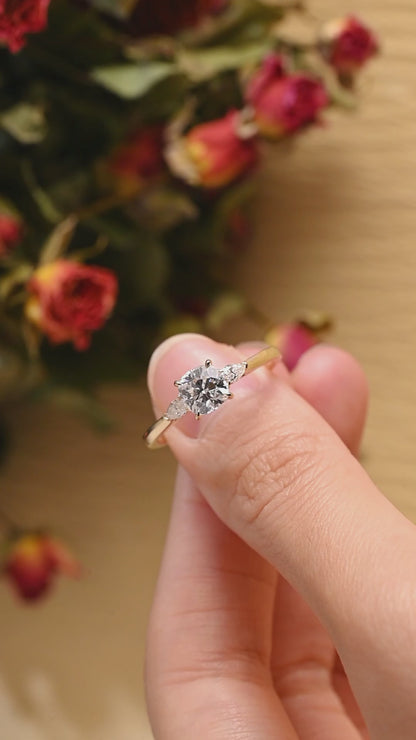 Solid Gold Three Stone Cushion Cut Moissanite Engagement Ring