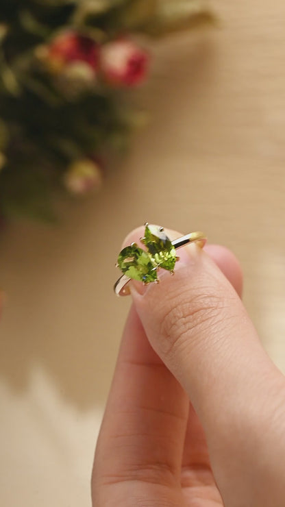 Solid Gold Toi Et Moi Ring, Marquise & Pear Natural Peridot Engagement Ring, Aug. Birthstone Ring