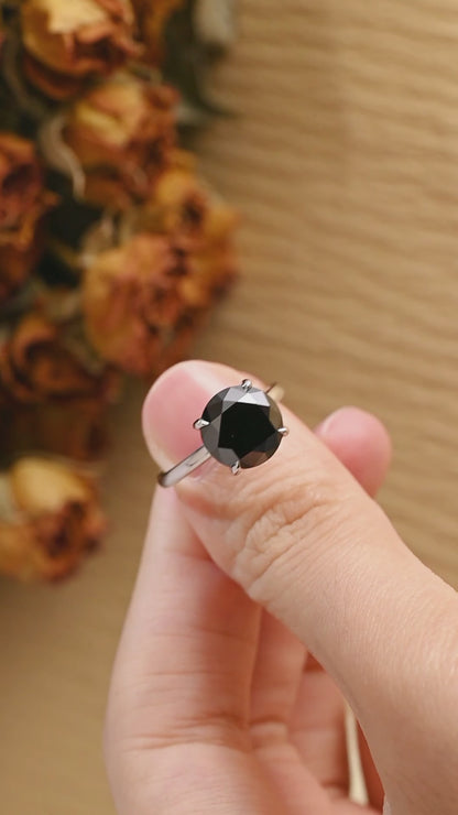 Solid Gold Hidden Halo Round Black Moissanite Engagement Ring