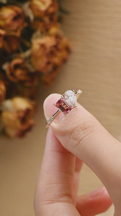 Solid Gold Toi et Moi Emerald Cut Moissanite & Pink Sapphire Engagement Ring