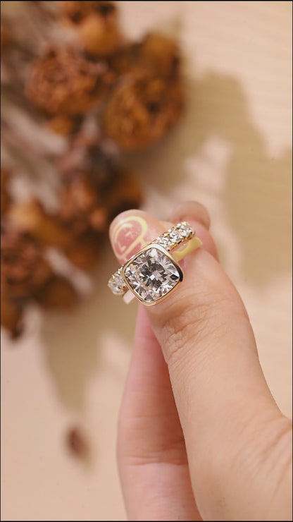 Solid Gold Cushion Cut Lab Diamond Engagement Ring and Wedding Ring Bridal Set