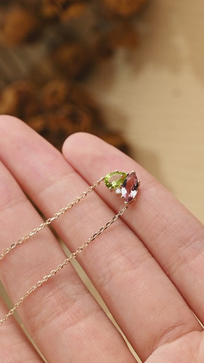 Solid Gold Solid Gold Marquise Pink Tourmaline & Pear Peridot Pendant, Birthstone Toi et Moi Personalized Gift