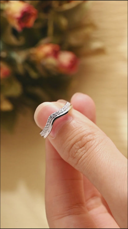 Solid Gold Curved Lab Diamond Wedding Band, Two Raw Stacking Wedding Ring