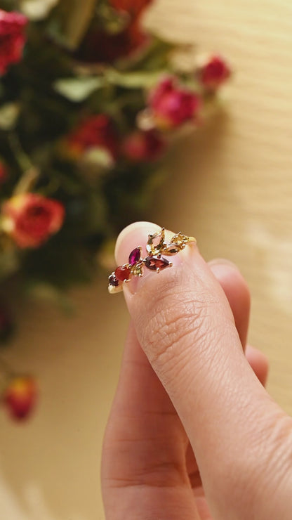 Solid Gold Leaf Branch Colored Birthstone Wedding Band, Cluster Ring