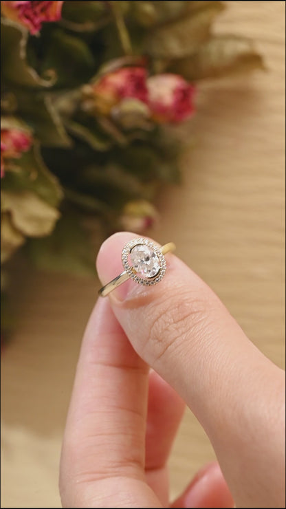 Solid Gold Halo Oval Moissanite Engagement Ring