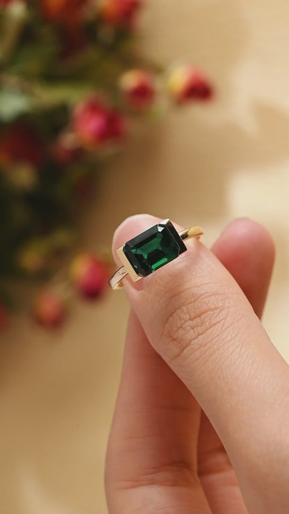 Solid Gold Solitaire Half Bezel Lab Grown Emerald Engagement Ring