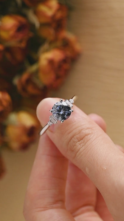 Solid Gold Three Stone Round Cut Blue Moissanite Engagement Ring
