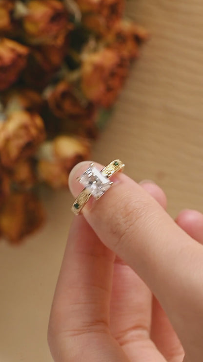 Solid Gold Vintage Filigree Radiant Cut Moissanite Engagement Ring with Lab Emerald