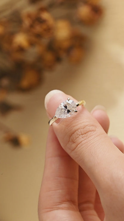Solid Gold Solitaire East West Pear Moissanite Engagement Ring