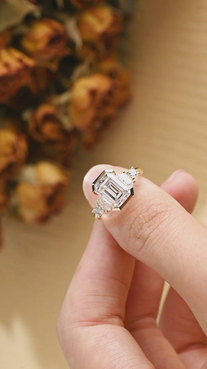 Solid Gold Three Stone Emerald Cut Moissanite Engagement Ring