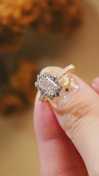 Solid Gold Vintage Halo Radiant Cut Lab Diamond Engagement Ring | D Color VS1 IGI Certified (Copy)