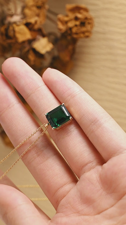 Solid Gold Emerald Cut Lab Grown Emerald Pendant Necklace