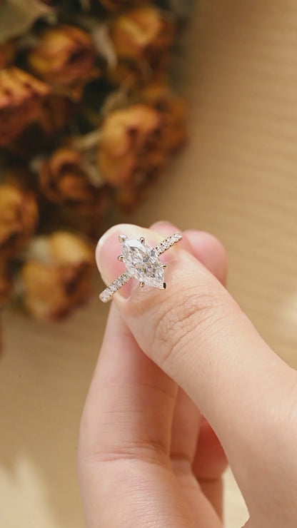 Solid Gold Solitaire Hidden Halo Marquise Cut Moissanite Engagement Ring