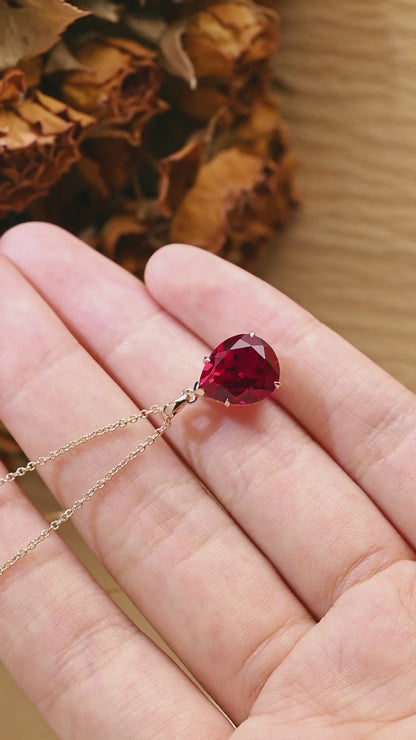 Solid Gold Hidden Halo Pear Red Lab Ruby Pendant, Birthstone Personalized Gift