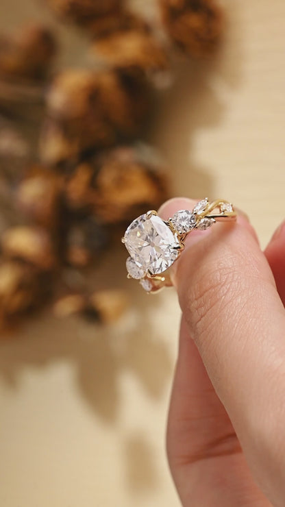 Solid Gold Elongated Cushion Cut Moissanite Engagement Ring, Twig Band Ring