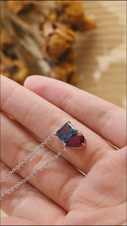 Solid Gold July Nov. Birthstone Jewelry Pear Ruby & Emerald Topaz Pendant, Toi et Moi Personalized Gift