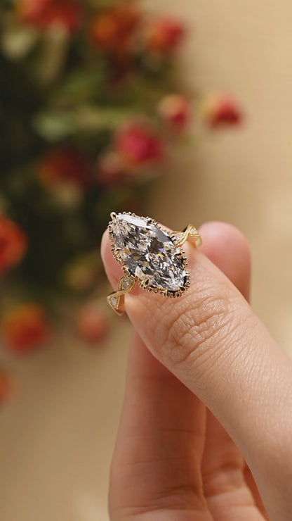 Solid Gold Vintage Filigree Marquise Cut Lab Diamond Statement Engagement Ring | D Color VVS1 IGI Certified