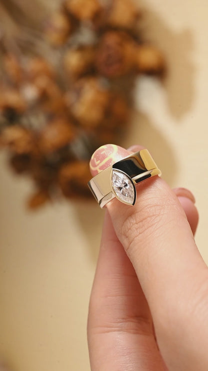 Solid Gold Bezel Marquise Cut Moissanite Engagement Ring with 6MM Width Cigar Wedding Band, Bridal Set
