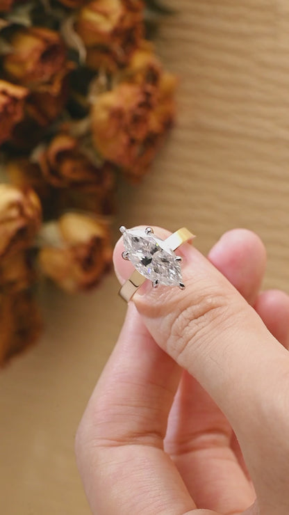 Solid Gold 3mm Width Two Tone Marquise Cut Moissanite Engagement Ring