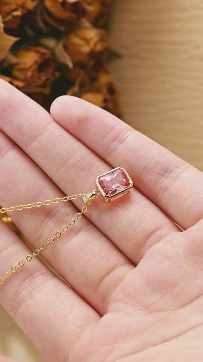 Solid Gold Bezel Radiant Cut Pink Lab Sapphire Pendant