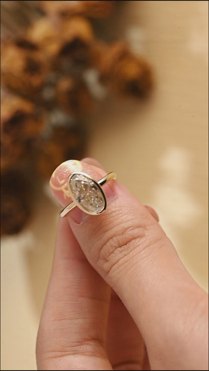 Solid Gold Bezel Crushed Ice Elongated Oval Cut Moissanite Engagement Ring
