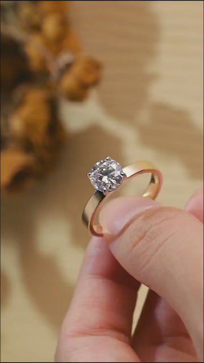 Solid Gold Solitaire 3mm Width Two Tone Round Cut Moissanite Engagement Ring