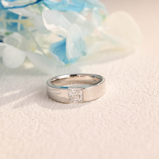 CausYou Solid Gold Princess Cut Moissanite Wedding Ring, Minimalist Wedding Band, Cigar Engagement Ring