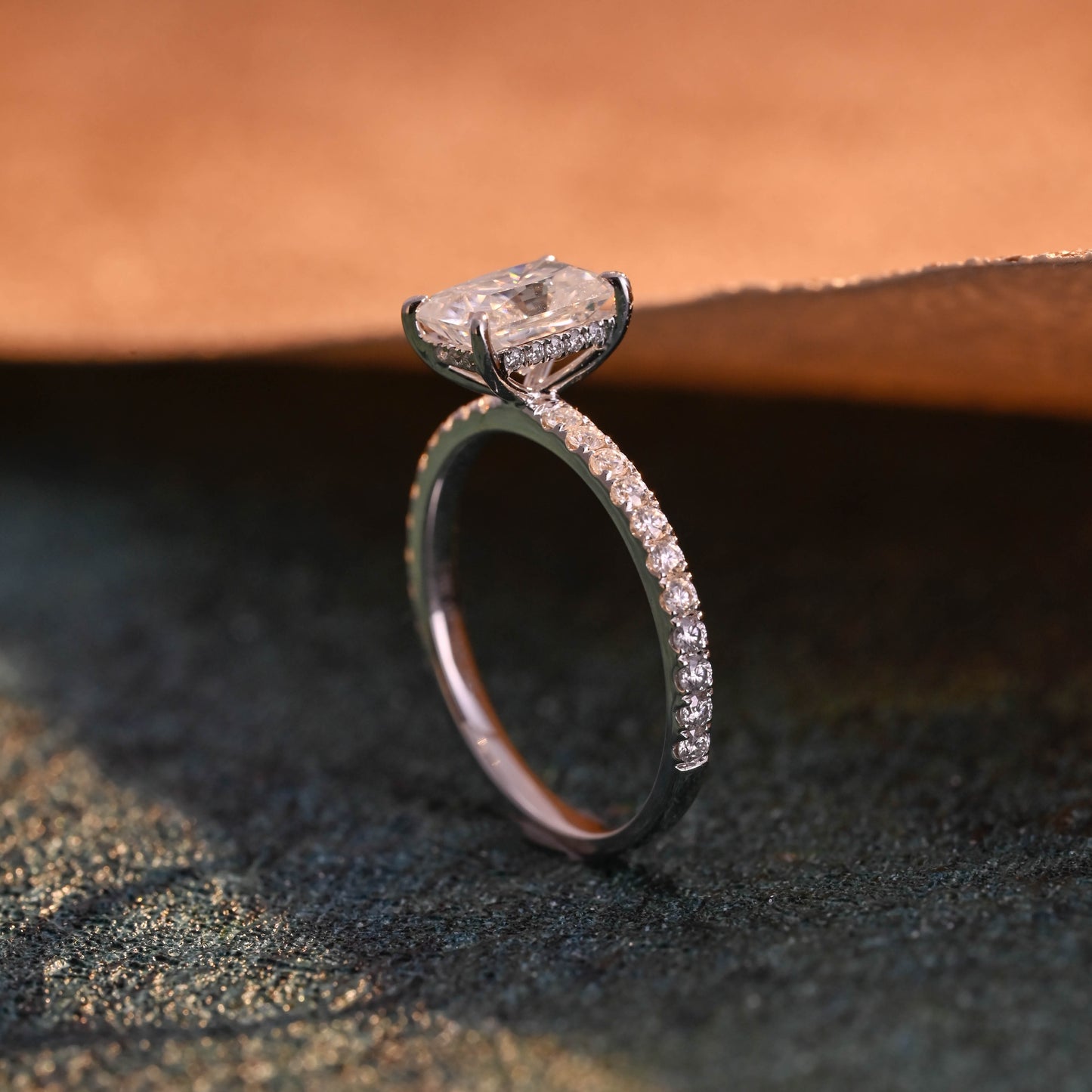 CausYou Solid Gold D/VS1 Radiant Cut Lab Grown Diamond Engagement Ring, Half Pave Hidden Halo Bridal Ring